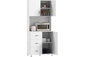 HOMCOM 183.5cm Free standing Kitchen Cupboard, Storage Cabinet with Doors and Sheleves, 3 drawers and Open Space, Adjustable Height Storage Unit, White
