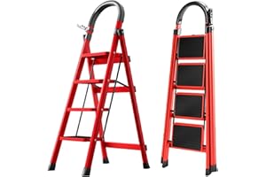K IKIDO Escabeau pliable avec main courante, 4 marches - Antidérapant, facile à ranger - Marches larges - Convient pour la cuisine, la maison et la maison - Charge maximale : 150 kg (rouge, 4 marches)