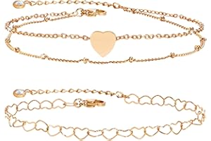 FLHEART Silber Herz Fußkettchen für Frauen - 2 Pcs Wasserfest Herzkette und Doppel Fußkette mit Kugeln für Damen Mädchen Verstellbar Sommer Strand Sandale Barfuß Fußkettchen Schmuck Geschenke