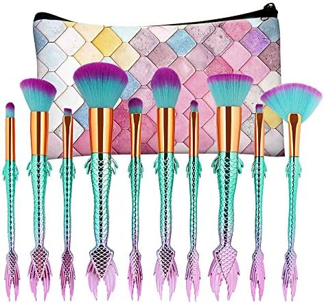 Efforty 2017 Mermaid Makeup Brushes 10pcs Makeup Brush Set Ultra-soft Bristles Face Foundation Beauty Tools Blush Concealer Contouring Make Up Kit - Green Pink Gradient