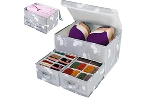 EASEVE 2 Pack Sock Underwear Drawer Organiser with Lid - Wardrobe Clothes Storage Boxes with Dividers, Foldable Fabric Closet Organizer for Bra, Sock, Shirt, Sweater, Leggings, Pants, Ties