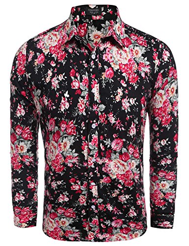 Coofandy Camisa Hawaina Hombre de Flores Long Sleeve Shirt Flor azul L
