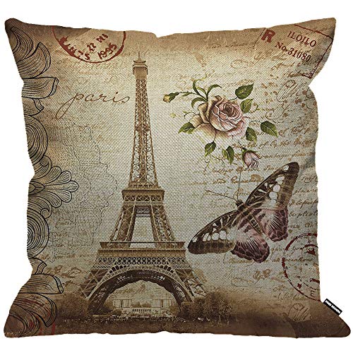 HGOD DESIGNS Throw Pillow Cover Vintage Eiffel Tower Pillow Cases Beautiful Flower With Butterfly Cu