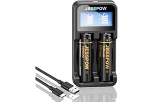 JESSPOW 3.7 V 18650 Rechargeable Battery Flat Top (2 Pack) with Charger, 3300mAh Large Capacity Rechargeable Lithium Batteries for Flashlight, Headlamp, Small Fan