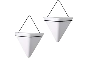 Macetas de flores Morobor, 2 macetas triangulares de cerámica blanca para colgar, con marco de alambre negro, contenedor de plantas de pared para decoración del hogar, pequeño