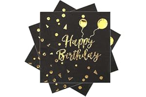 EVYIENEN 40 Stück Happy Birthday Schwarz und Gold Geburtstag Servietten，33x33cm Papier Party Servietten，für Junge Mädchen Geburtstag Party Deko