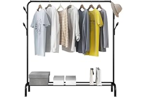 PetHot Clothes Rail for Bedroom Hanging Rail for Clothes Coats, Metal Clothes Rack with Hooks and Mesh Shlef, Heavy Duty Garment Hanging Rack with Storage Shelf, Store Boxes Shoes Coats (Black)