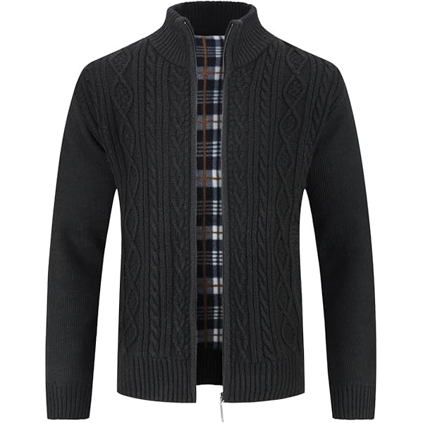 PICKLION Men's Casual Cardigan Sweater - Laydown Collar, Full Zipper, Waffle Texture, Long Sleeve, Polyester/Spandex