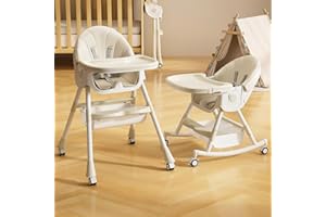 WILLONIN Chaise haute pour bébé enfant 6 en 1 réglable avec harnais 5 points, de la naissance à 6 ans,Réglage rétractable à 4 positions, plateau de service, roues et cheval à bascule,Beige