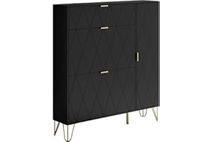 UEV Armoire à Chaussure Inclinable, Meuble à Chaussure pour 16 Paires de Chaussure, Rangement Chaussure, Etagère Caché et Cabinet Botte sur Côté (Noir)