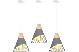 TOKIUS Lot de 3 Suspensions Luminaires Modernes Industrielles Bois Lustre Abat-jour Métal Vintage forme Cage Ø25cm Plafonnier E27 Design pour Cuisine Chambre Salon