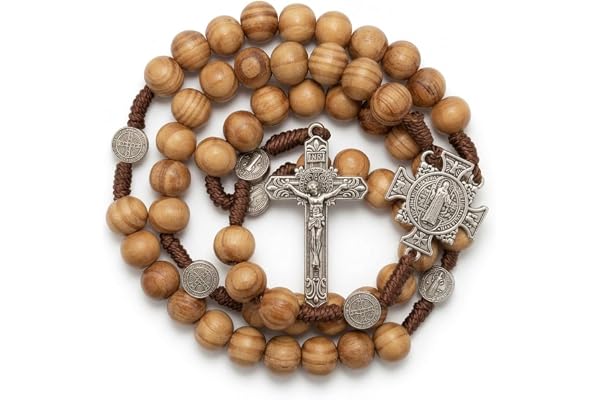 CopperNazareth Store Helig St Benedict Träpärlor Rosenkrans Bönkaplett i massivt trä med kors helgonmedalj och silver Jesus-k