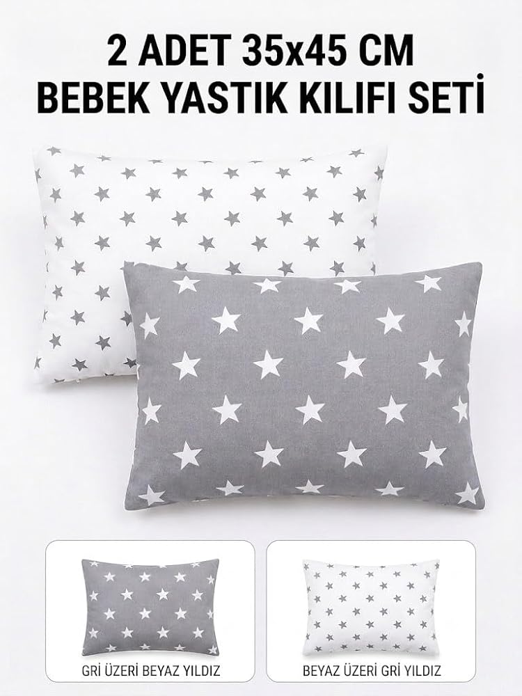 Pamuklu Bebek Yastık Kılıfı 35x45 cm Gri Beyaz Yıldız Desenli | 2'li Set, Bebek Odası, 35x45 cm Ölçü, Yıldız Desen, Pamuklu Kumaş