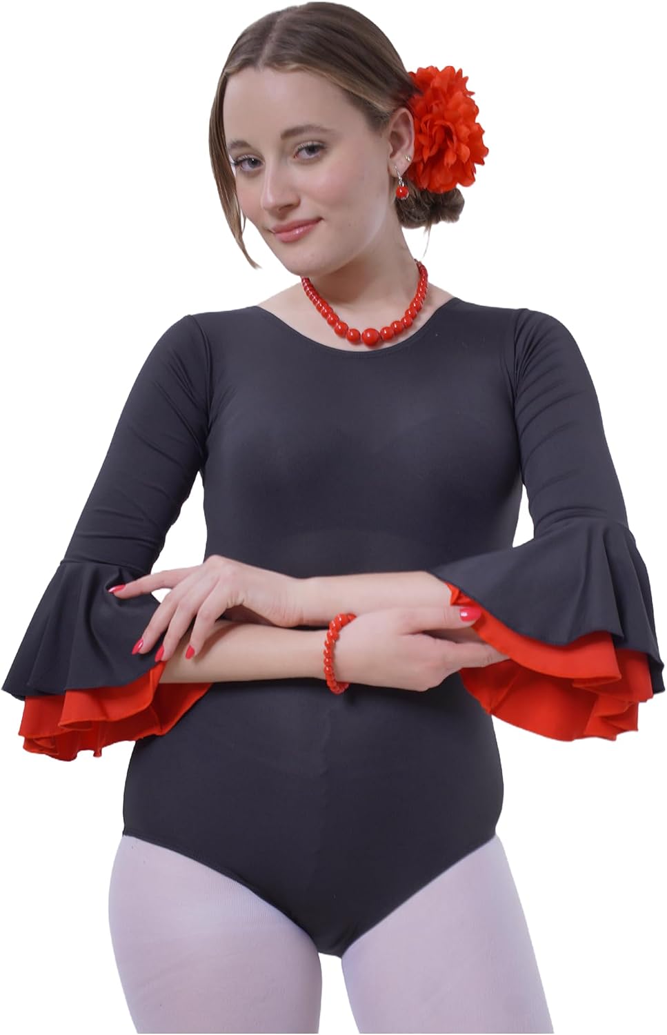 Carnavalife Body flamenco mujer negro maillot danza manga larga con volante, leotardo gimnasia ballet sevillanas, escote redondo, ribete rojo