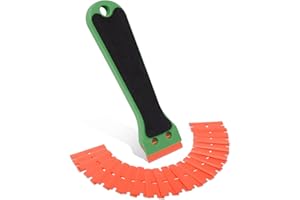 FOSHIO Raschietti in plastica per rasoi a manico lungo multiuso con adesivo antiscivolo EVA con 20 lame in raschietto in plastica, raschietto pulizie adesivo per decalcomanie, verde