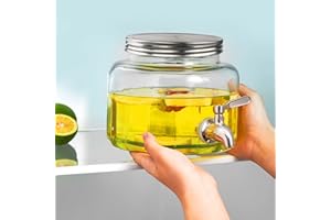 Lomejii Dispensador bebidas de Vidrio de 2,8L para frigorífico con grifo, boquilla de acero inoxidable 304 y tapa, recipiente para agua, jugo, leche, hielo café, sol té, pequeña bebida fría,redondo