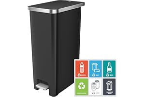 EKO Hana Poubelle de cuisine fine à pédale avec fermeture douce et couvercle qui reste ouvert, économise de l'espace pour la maison ou le bureau, noir