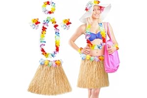 Aomig Disfraz Hawaiano Falda de Paja, 5 Pcs Set Hawaiano con Collar Pulsera Guirnalda Diadema Hawaiano, Falda Hawaiana Hierba para Niñas Mujer Adultos para Playa Fiestas Temáticas