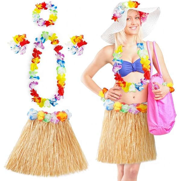 Hawaii Hula Rock Kostüm Set - Komplettset Mit Rock, Blumenkette Und Sonnenbrille Für Party