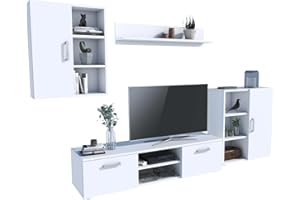 Matkam - Mobile da parete per soggiorno, moderno, con tavolo per TV, completo di mobili, colore bianco