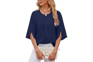 Atxnn Camicia Donna a Manica a 3/4 Blusa Maniche Camicetta con Scollo Rotondo Elegante Tops Colore Puro Casual Chiffon Shirt