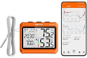 Elitech Cyfrowy higrometr Bluetooth Lodówka Termometr z aplikacją Monitor temperatury i wilgotności w czasie rzeczywistym z 4,5" Eksportem danych PDF&CSV IPT-100S Zewnętrzna sonda