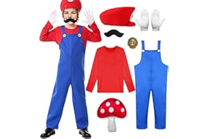 Marypaty Costume Mario Adulte Enfants Costume Mario-Bros avec Chapeau, Fête d'Halloween, Fête de Carnaval