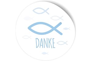 ‎ITENGA itenga 100x Sticker Aufkleber I Fisch Danke Hellblau I zum Basteln von Gastgeschenken I für Taufe, Kommunion, Konfirmation oder Firmung I 4,0 cm rund