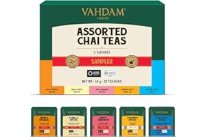 VAHDAM, Surtido De Té Chai - Caja De Regalo De Té (5 Sabores, 20 Bolsitas De) Caja De Infusión De Con Mezclas De Indio Masala Chai | Regalos De