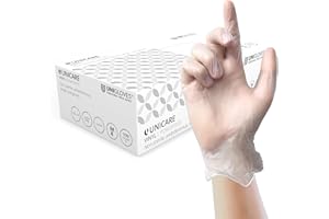 UNIGLOVES Unicare Gants d'examen en Vinyle Transparent - Gants à Usage Multiple, légèrement poudrés, sans Latex - Boîte de 100 Gants, Transparents