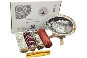 SAMAYZEN - Kit Salvia bianca da bruciare - Conchiglia Abulone XXL supporto in legno, Palo Sacro, Yerba Santa, Salvia Petali, Sangue Drago, Erbe - Incenso Naturale - Smudge - Pulizia Energetica