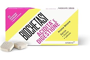 BIOCHETASI Acidità e Digestione, Integratore Alimentare per Aiuto contro Pesantezza, Gonfiore e Acidità di Stomaco, Senza Glutine e Lattosio, 20 Compresse Masticabili Gusto Limone,