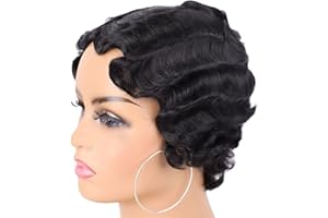 WUDAIZHI Czarne peruki w stylu lat 20. XX wieku, dla kobiet, falowane, naturalne syntetyczne włosy, peruki cosplay, kostium 20. XX wieku, na imprezę tematyczną, peruki z krótkimi klapkami