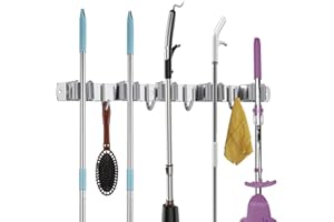 TUOHBOVA Colgador de Escobas y Fregonas de Acero Inoxidable, Organizador Adhesivos Soporte para Fregonas y Cepillas con 5 Posiciones y 4 Ganchos para Cocina, Baño, Garaje, Gris