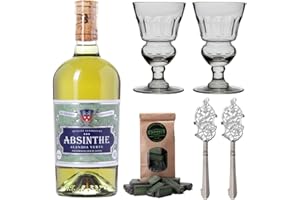 ‎ALANDIA Absinth Set ALANDIA Verte | Mit Goldmedaille prämiert | Traditionelles 19. Jh. Rezept | 2x Gläser 2x Löffel 1x Zucker | (1x 0,5 l)