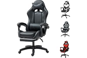 GadgetHaven Gaming Chair, Computer Chair with Lumbar Cushion, Headrest, Height-Adjustable Office Chair Gaming Chair for Adults, Girls, Boys (Black, with footrest)
