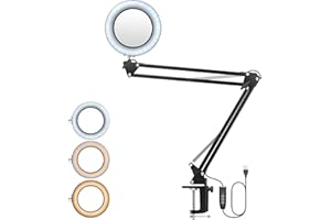 ‎YGITK YGiTK Schreibtischlampen mit Schwenkarm 8X Vergrößerung Arbeitsplatzlampe 3 Farbmodi 10 Helligkeitsstufen Dimmbar Lupelampe mit Klemme Verstellbarer Lupe Lampe für Werkbänken (Armlänge: 74cm)