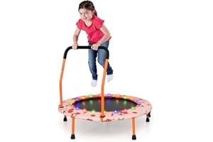 COSTWAY 36 Inch Kids Trampoline, LED Lighting Children Exercise Rebounder with Padded Handrail and Protective Cover, Mini Trampolines for Toddle Boys Girls