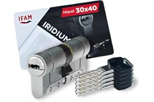 IFAM Cilindro Puertas Iridium, 30x40mm, Leva 15mm, Bombin Cerradura Seguridad, 5 Llaves, Doble Protección Antirotura, Antitaladro y Antiganzúa, Doble Sistema Antibumping, Perfil Europeo, Color Níquel