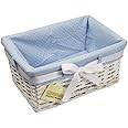 Woodluv Rectangular White Willow Wicker Hamper Storage Basket-With Blue Fabric & Ribbon (Gift Hamper Basket) -SMALL