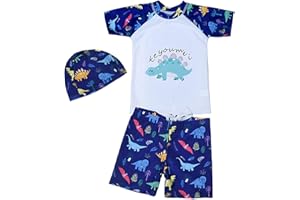 NautySaurs Boys Dinosaur Swimwear 3-Piece Set Quick-Dry Rash Guard Swim Shorts Swim Cap Kids Dinosaur Whales Swimsuit