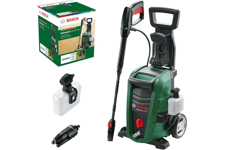 Bosch UniversalAquatak 135 High Pressure Washer, 1900 W, 135 Bar, 450 l/h Flow Rate with 3-in-1 Spray Nozzle and Detergent Nozzle, Carton Packaging, Black/Green