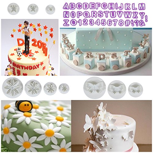 Anpro Fondant Ausstecher 76 tlg, 40 Buchstaben Ausstechformen, 22 Ausstechformen Auswerfer Stempel Tortendeko mit 14 Marzipan Messer - 5