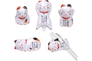 RISEGUN 5 Pezzi Poggia Bacchette a Forma di Gatto, Carino Forma di Gatto Cucchiaio da Pranzo Supporto, Poggia Bacchette in Ceramica per Gatti, Adatto per Cucchiai Forchette Bacchette