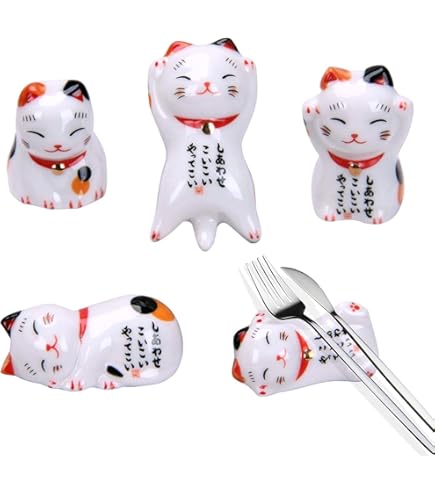 Poggia Posate Da Tavolo 5 Pezzi Simpatici Portabacchette In Ceramica A Forma Di Gatto - Ferma Poggia Mestolo Cucina