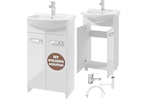 .DEFTRANS Deftrans Domodomo Armario de baño con lavabo, 85 x 50 x 40 cm, armario de cerámica blanco, juego de lavabo, armario de pie para baño pequeño (juego blanco de 45 cm de pila de lavabo + sifón)