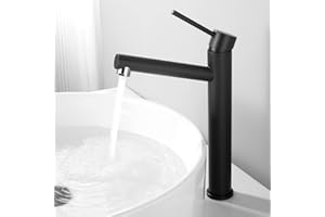 Tondiy Rubinetto Lavabo Alto Nero, Angolo di Uscita Dell'acqua Umanizzato, Miscelatore Monocomando da Appoggio per Bagno, Acciaio Inox 304, Acqua Calda e Fredda, Aeratore Rimovibile