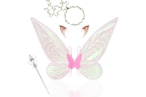 IWTBNOA Feenflügel Kinder Erwachsene, Schmetterlingsflügel für Mädchen mit Elfenohren, Blumenkranz und Zauberstab, Fairy Wings, Prinzessinnenflügel für Halloween, Ostern und Party Karneval Cosplay