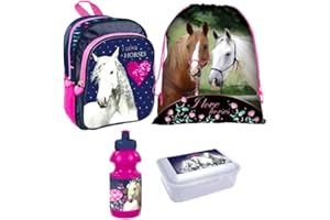 Pony Pferd Einhorn 4 Teile Set Rucksack Tasche Kindergarten Brotdose mit Sticker von Kids4shop Turnbeutel