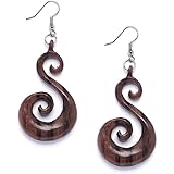 Boucles D'oreilles Pendantes Argent 925 Et Bois, Marron, Forme Spirale, Crochets